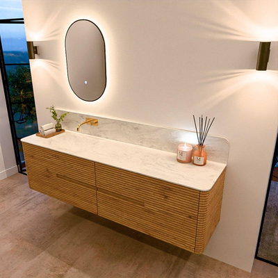 Mondiaz CIRO-DLUX Ensemble de meubles de salle de bains - 180x45x50cm - lavabo Solid surface Opalo - 1 vasque à gauche - sans trous de robinet - 4 tiroirs - Chêne
