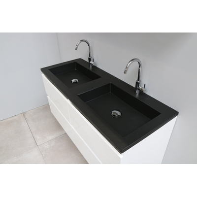 Basic Bella Meuble salle de bains avec lavabo acrylique avec miroir et éclairage Noir 120x55x46cm 2 trous de robinet Blanc brillant