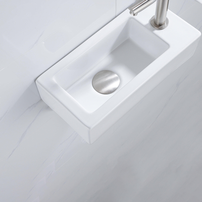 QeramiQ Fuente pack lave-mains – 37,5 x 18,5 x 9 cm – céramique blanc brillant – perçage à droite – robinet inox brossé