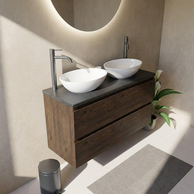 Saniclass Holz Pure Ensemble meuble de salle de bains - 120x45x63cm - Plan vasque en basalte Noche poli (noir) - 2 trous de robinet - 4 tiroirs - chêne charcoal mat (bois)