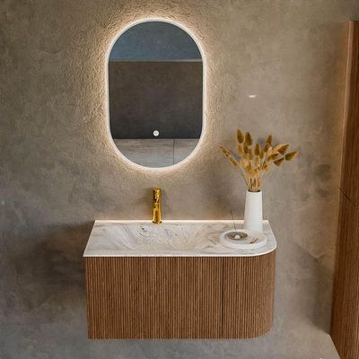 MONDIAZ KURVE-DLUX 85cm Meuble salle de bain avec module 25 D - couleur Walnut - 1 tiroir - 1 porte - vasque CLOUD gauche - 1 trou de robinet - couleur Glace