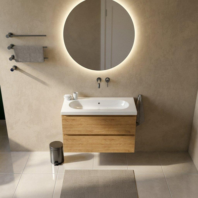 Saniclass Holz Pure Ensemble de meubles de salle de bains - 100x45x63.5cm - lavabo en céramique Palermo blanc - 1 vasque - sans trou de robinet - 2 tiroirs - chêne natural mat (bois)