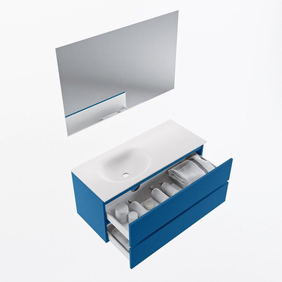 Mondiaz VICA ensemble de meuble de salle de bain - 110cm - meuble sous-vasque jeans - 2 tiroirs - lavabo moon gauche - sans trous de robinet - couleur talc - miroir LED - version XL 60cm de haut