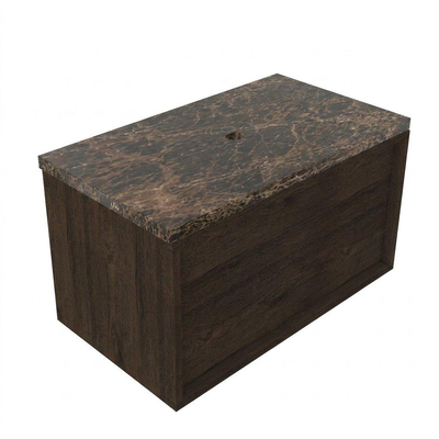 Saniclass Holz Frame Ensemble de meubles de salle de bains - 80x45x43cm - Plan de toilette en pierre naturelle Noche dark emperador - sans trou de robinet - 1 tiroir - chêne charcoal mat (bois)