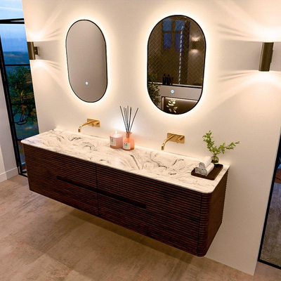 Mondiaz CIRO-DLUX Badkamermeubelset - 180x45x50cm - Solid surface wastafel Glace - 2 wasbak Dubbel - zonder kraangaten - 4 lades - Walnut