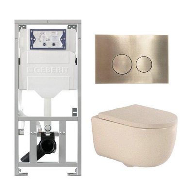 QeramiQ Dely Swirl Ensemble WC - 36.3x51.7cm - Réservoir encastré Geberit UP320 - Siège de 35mm d'épaisseur - Plaque de commande en laiton brossé - Boutons ronds - Beige