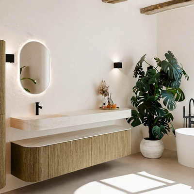 MONDIAZ THOR-DLUX Meuble de salle de bains - 190cm - arrondi gauche + droite - couleur Dusk - 2 tiroirs - 2 portes - Vasque suspendue CLOUD Gauche 1 trou de robinet - couleur Meli