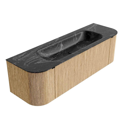 MONDIAZ KURVE-DLUX 150cm badmeubel met module 25 Len R kleur Oak met 1 lade en 2 deuren. Wastafel BIG MEDIUM midden zonder kraangat kleur Lava.