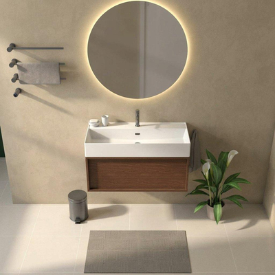 Saniclass Holz Frame Ensemble meuble de salle de bains - 100x45x52cm - Legend lavabo en céramique blanc - 1 vasque - 1 trou de robinet - 1 tiroir - mat walnut pure (bois)
