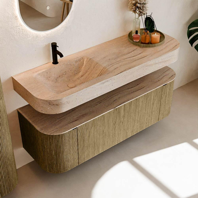 MONDIAZ THOR-DLUX 140cm meuble de salle de bains arrondi gauche + droite couleur Dusk avec 1 tiroir et 2 portes. Vasque suspendue CLOUD gauche 1 trou de robinet couleur Saba.