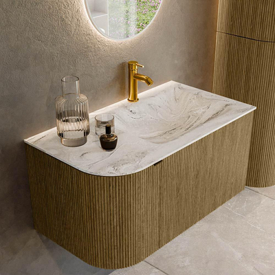 Mondiaz KURVE-DLUX Badkamermeubelset - 85x46x40cm - 1 lade - 1 deur - wastafel solid surface - rechts - 1 kraangat - Dusk