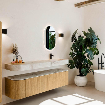 MONDIAZ THOR-DLUX 180cm meuble de salle de bains arrondi gauche + droite couleur Oak avec 2 tiroirs et 2 portes. Vasque suspendue CLOUD Droite 1 trou de robinet couleur Frappe.