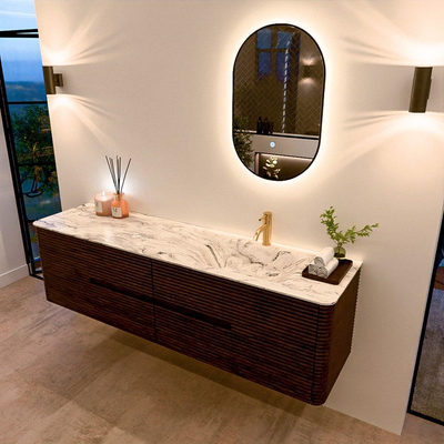 Mondiaz CIRO-DLUX Ensemble de meubles de salle de bains - 180x45x50cm - Plan-vasque Solid Surface Glace - 1 lavabo à droite - 1 trou de robinet - 4 tiroirs - Noyer