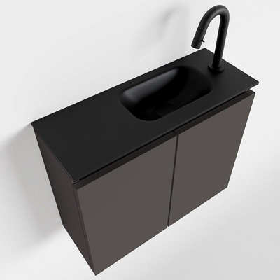 MONDIAZ TURE Fonteinset - 60x23x50cm - 1 kraangat - 2 deuren - darkgrey mat - Wasbak rechts - Solid Surface Zwart