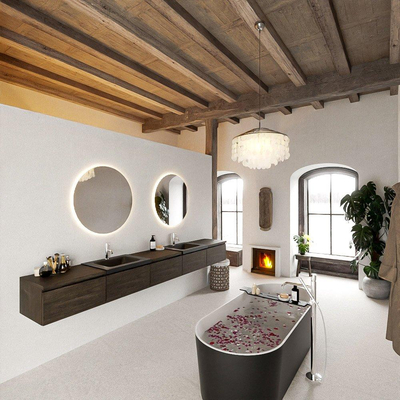 MONDIAZ BUKLA 300cm badmeubel met module 60 kleur Dark Brown met 5 lades. Wastafel CLOUD dubbel 2 kraangaten kleur Urban.