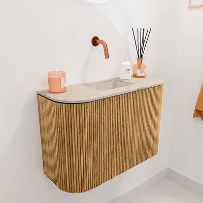 Mondiaz JOYA-DLUX 63.2cm toiletmeubel - ronding links en rechts kleur Oak - Wastafel FAYE positie Midden Zonder kraangat kleur Frappe.