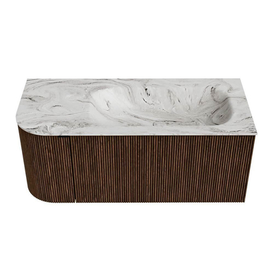 MONDIAZ KURVE-DLUX Meuble de salle de bains 105 cm avec module 25 L couleur Walnut avec 1 tiroir et 1 porte. Lavabo BIG SMALL à droite 1 trou de robinet couleur Glace.