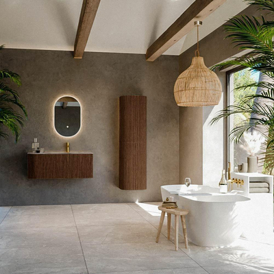 MONDIAZ KURVE-DLUX Meuble de salle de bains 105cm arrondi à gauche couleur Walnut avec 1 tiroir et 1 porte. Lavabo BIG SMALL à droite 1 trou de robinetterie Sombra.