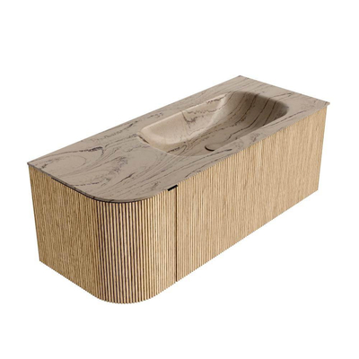 MONDIAZ KURVE-DLUX meuble de salle de bains 115 cm arrondi à gauche couleur chêne avec 1 tiroir et 1 porte. Lavabo BIG SMALL à droite 1 trou de robinet Arena.