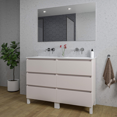 Saniclass Chaci PLUS Ensemble de meuble de salle de bains - 120x86x46cm - lavabo en céramique blanc - 2 vasques - sans trous de robinet - 6 tiroirs - miroir rectangulaire - cotton mat (beige)