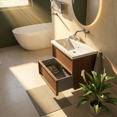 Saniclass Holz Frame Ensemble meuble de salle de bains - 80x45x63.5cm - lavabo Bari en céramique blanc - 1 vasque - sans trou de robinet - 2 tiroirs - walnut pure mat (bois)