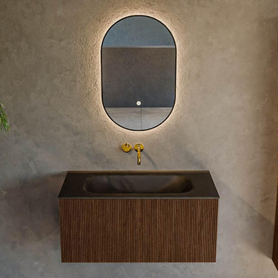 MONDIAZ KURVE 90cm badmeubel kleur Walnut met 1 lade. Wastafel BIG SMALL midden zonder kraangat Urban.