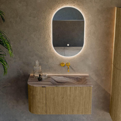 MONDIAZ KURVE-DLUX Meuble de salle de bains 85 cm arrondi à gauche couleur Dusk avec 1 tiroir et 1 porte. Plan-vasque CLOUD à droite sans trou de robinetterie Sombra.