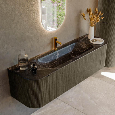 Mondiaz KURVE-DLUX Ensemble meuble de salle de bains - 160x46x40cm - 1 tiroir - 2 portes - lavabo solid surface - central - 1 trou de robinet - Shadow