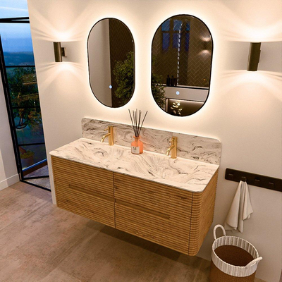 Mondiaz CIRO-DLUX Badkamermeubelset - 130x45x50cm - Solid surface wastafel Glace - 2 wasbak Dubbel - 2 kraangaten - 4 lades - Oak