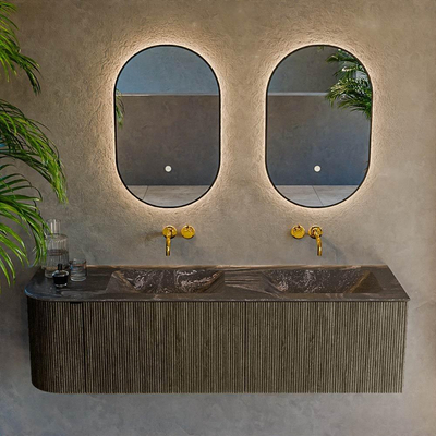 Mondiaz KURVE-DLUX Badkamermeubelset - 155x46x40cm - 2 lade - 1 deur - wastafel solid surface - dubbel / rechts - zonder kraangat - Shadow