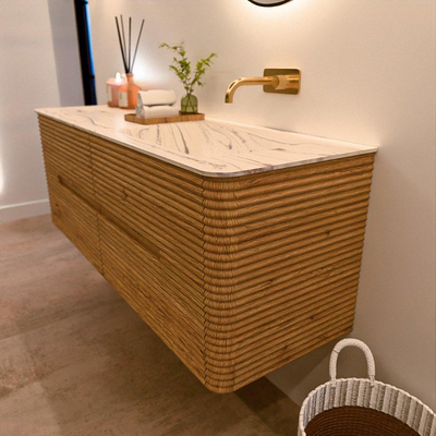 Mondiaz CIRO-DLUX Badkamermeubelset - 140x45x50cm - Solid surface wastafel Nata - 1 wasbak Rechts - zonder kraangaten - 4 lades - Oak