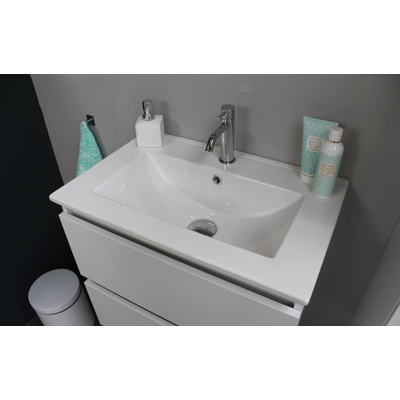 Basic Bella Meuble avec lavabo en porcelaine 1 trou de robinet 60x55x46cm avec armoire toilette à 1 porte gris Blanc brillant