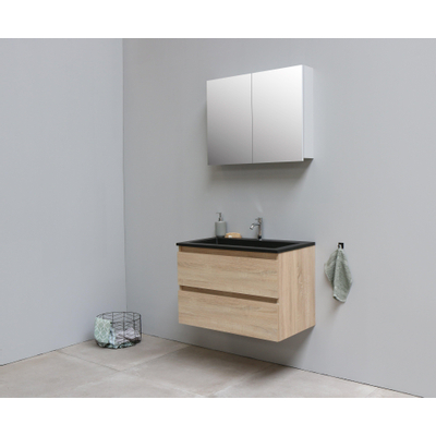 Adema Bella Meuble salle de bains avec lavabo acrylique Noir avec armoire toilette 2 portes gris 80x55x46cm 1 trou de robinet Chêne