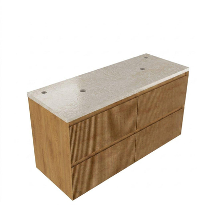Saniclass Holz Atelier Ensemble de meubles de salle de bains - 120x45x63cm - Plan de toilette en pierre naturelle travertin - 2 trous de robinetterie - 2 tiroirs - chêne natural mat (bois)