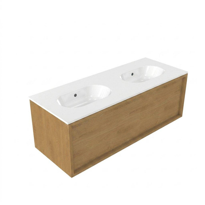 Saniclass Holz Frame Ensemble de meubles de salle de bains - 120x45x54cm - lavabo Chaci en céramique blanc - 2 vasques - sans trous de robinetterie - 1 tiroir - chêne natural mat (bois)