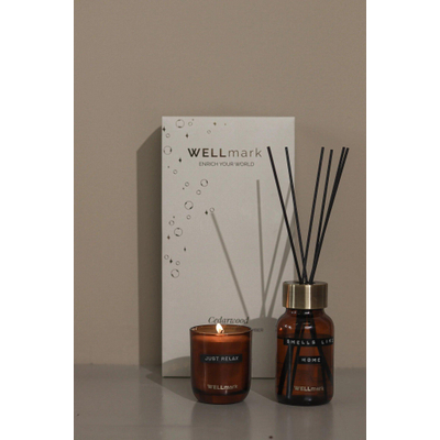 Wellmark coffret cadeau bâtonnets parfumés en bougie - cèdre - ambre - 220 g - 200 ml - texte : just relax en smells like home