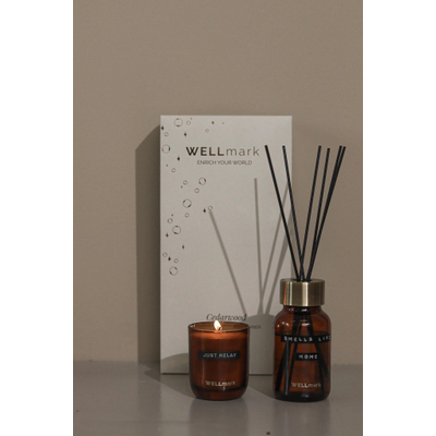 Wellmark gifset geurstokjes & kaars - cedarwood - amber - 220gr - 200ml - tekst: just relax & smells like home