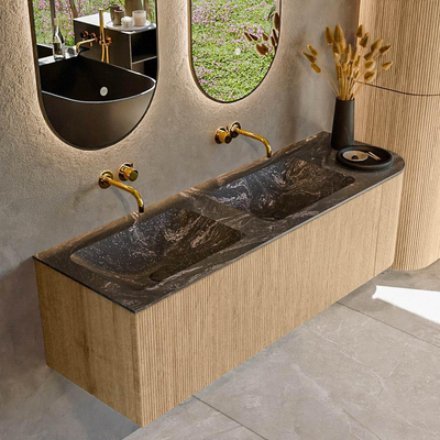 MONDIAZ KURVE-DLUX 145cm Meuble salle de bain avec module 25 D - couleur Oak - 1 tiroir - 1 porte - vasque LEAF double / gauche - sans trou de robinet - couleur Lava