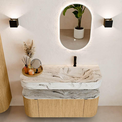 MONDIAZ THOR-DLUX 120cm badmeubel ronding links + rechts kleur Oak met 1 lade en 2 deuren. Vrijhangende wastafel CLOUD Rechts 1 kraangat kleur Glace.