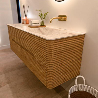 Mondiaz CIRO-DLUX Badkamermeubelset - 150x45x50cm - Solid surface wastafel Frappe - 1 wasbak Rechts - zonder kraangaten - 4 lades - Oak