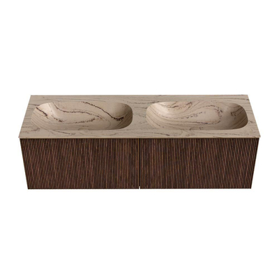 MONDIAZ KURVE-DLUX Meuble de salle de bains 140cm couleur Walnut avec 2 tiroirs et 0 porte. Lavabo STOR SMALL Double 2 trous de robinet Arena.