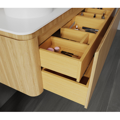 Saniclass Terra Badkamermeubelset - 140cm - 4 lades - afgeronde hoeken - 2 wastafels - zonder kraangaten - sandwood (licht eiken)
