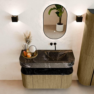 MONDIAZ THOR-DLUX 110cm meuble de salle de bains arrondi gauche + droite couleur Dusk avec 1 tiroir et 2 portes. Vasque suspendue CLOUD droite sans trou de robinet couleur Lava.