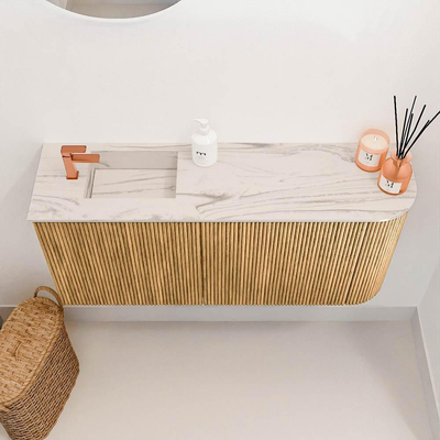 Mondiaz JOYA-DLUX 91.6cm toiletmeubel - ronding rechts kleur Oak - Wastafel FAYE positie Links 1 kraangat kleur Nata.