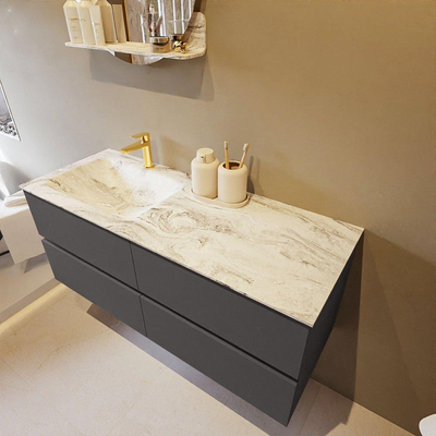 Mondiaz VICA-DLUX ensemble de meuble de salle de bain - 120cm - meuble sous-vasque gris foncé - 4 tiroirs - lavabo encastré cloud gauche - 1 trou de robinet - version haute de 60cm - glace