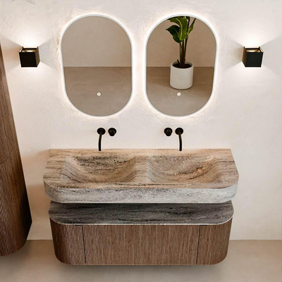 MONDIAZ THOR-DLUX 130cm badmeubel ronding links + rechts kleur Walnut met 1 lade en 2 deuren. Vrijhangende wastafel CLOUD Dubbel zonder kraangat kleur Oza.
