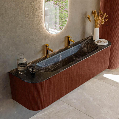 Ensemble de meuble de salle de bain Mondiaz KURVE-DLUX - 170x46x40cm - 1 tiroir - 2 portes - lavabo en solid surface - milieu - 2 trous de robinet - Ruby