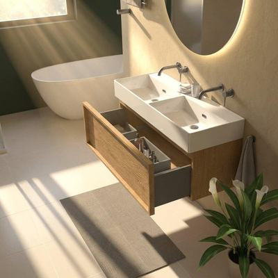 Saniclass Holz Frame Ensemble de meubles de salle de bains - 120x45x52cm - Legend lavabo en céramique blanc - 2 vasques - sans trous de robinetterie - 1 tiroir - chêne natural mat (bois)