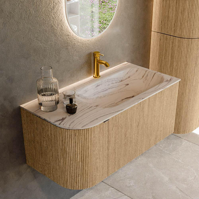 MONDIAZ KURVE-DLUX Meuble de salle de bains 95cm arrondi à gauche couleur Oak avec 1 tiroir et 1 porte. Lavabo BIG SMALL à droite 1 trou de robinet Nata.