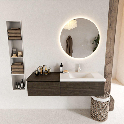 MONDIAZ BUKLA meuble de salle de bains 140 cm avec module 60 couleur Dark Brown avec 2 tiroirs. Lavabo CLOUD à droite 1 trou de robinet couleur Talc.